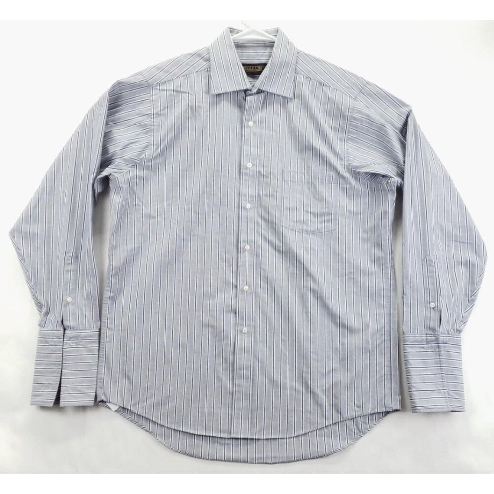 Donald J Trump Dress Shirt Mens 16 34/35 Blue White Striped Signature Collection
